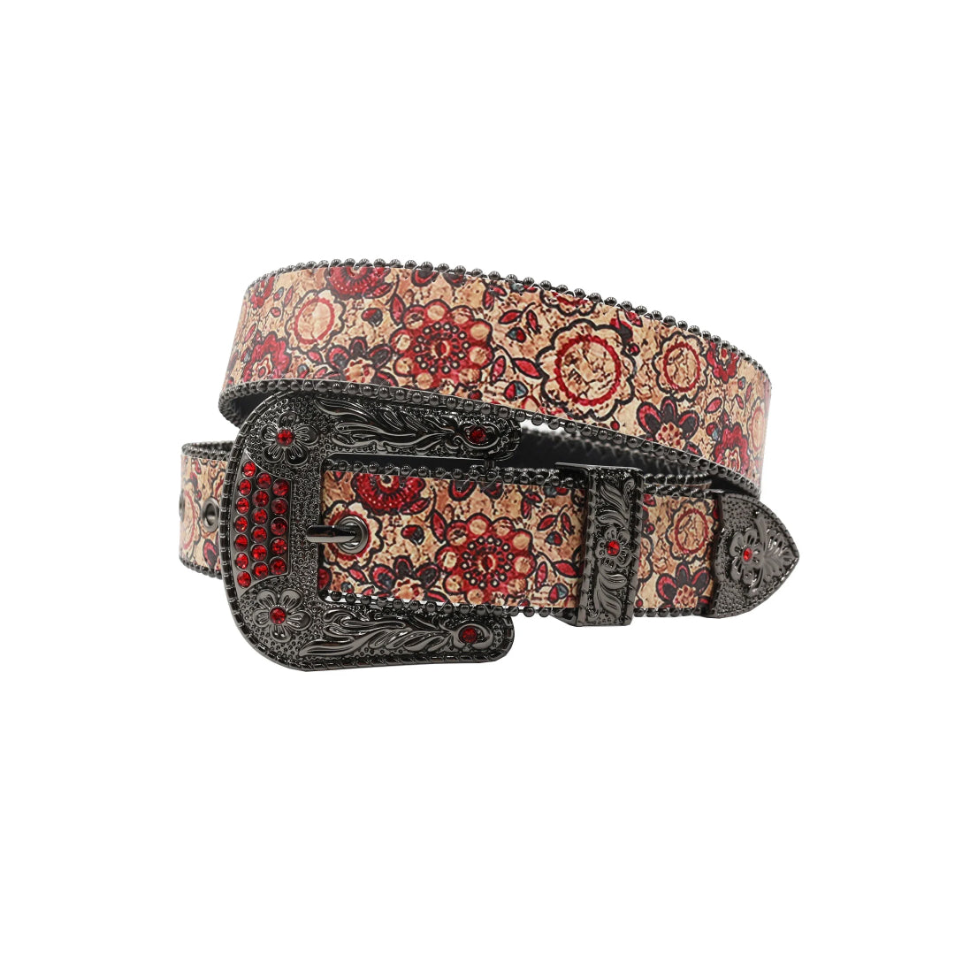 Wide Buckle Flower Design Strap With Red Studded Rhinestone Belt
