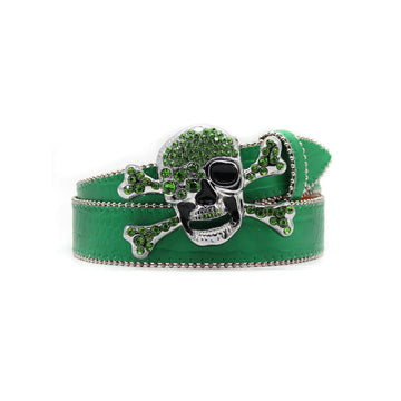 Skull Buckle Luxe Green Glittering Details Western Rhinetone Belt