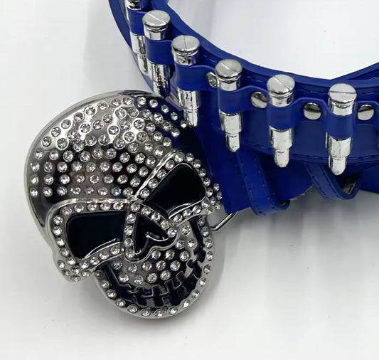 Skull Buckle with Blue Bullets Strap Rhinestone Belt