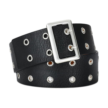 Black Belt Silver Buckle & Metal Ring Accents-Women Leather Belts-Premium Leather Store