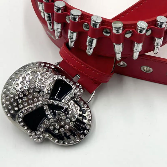 Skull Buckle with Red Bullets Strap Rhinestone Belt