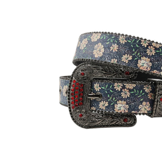 Black Buckle Flower Strap With Red Studdent Rhinestone Belt