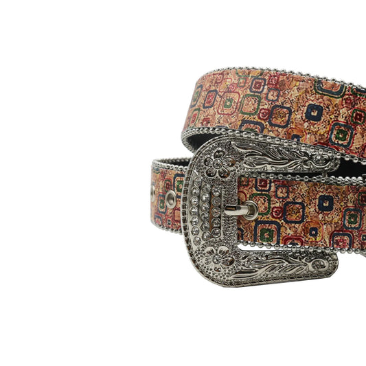 Silver Buckle Square Desigen Strap With Silver Studded Rhinestone Belt