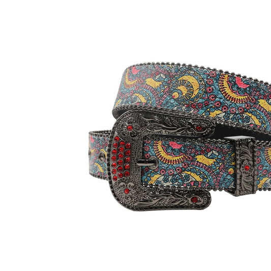Black Buckle Blue Strap With Red Studdent Rhinestone Belt