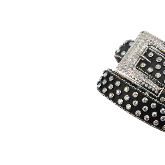 Engraved Buckle Black Strap With Silver Crystals Rhinestone Belt
