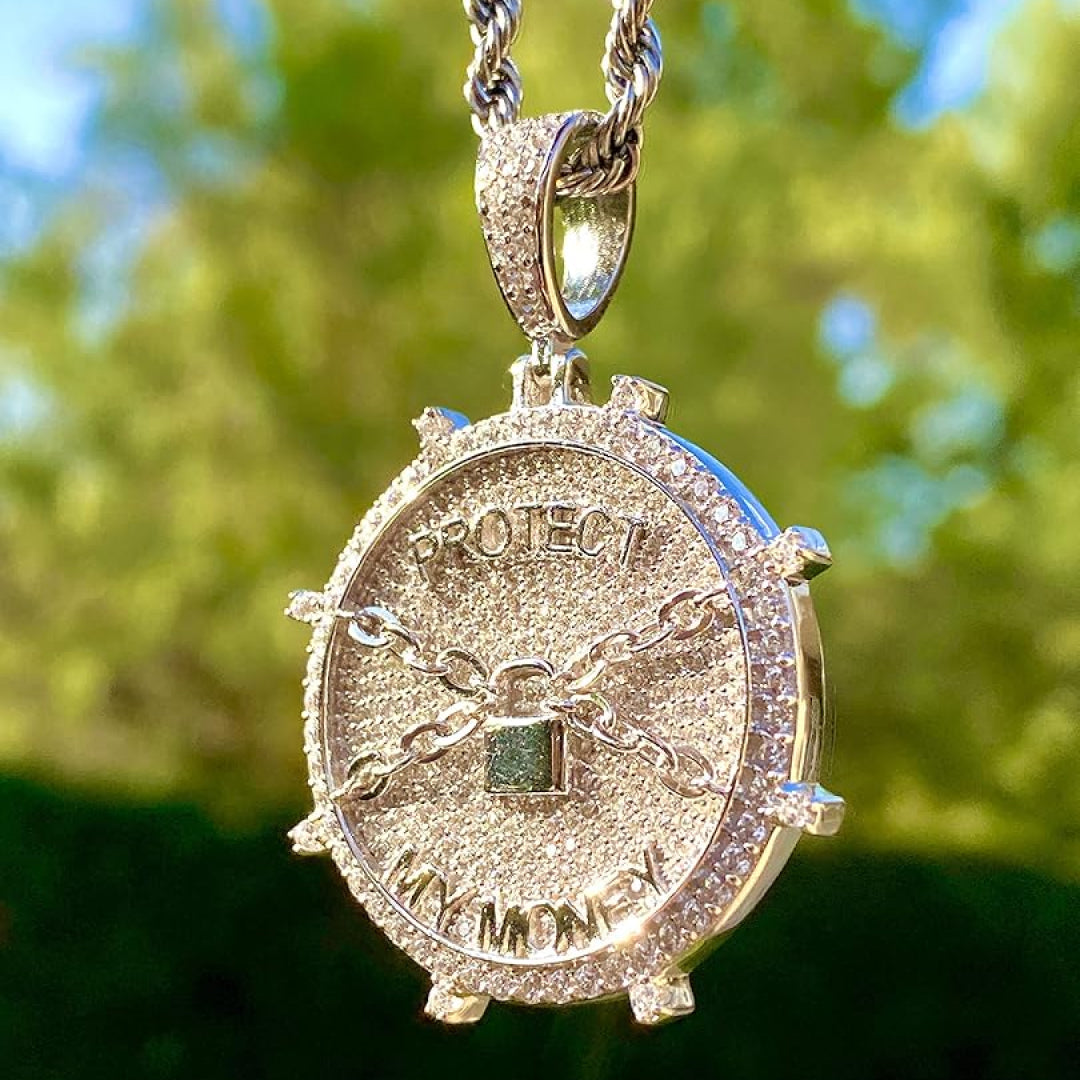 Protect My Money Words Round Pendent Rhinestone Necklace