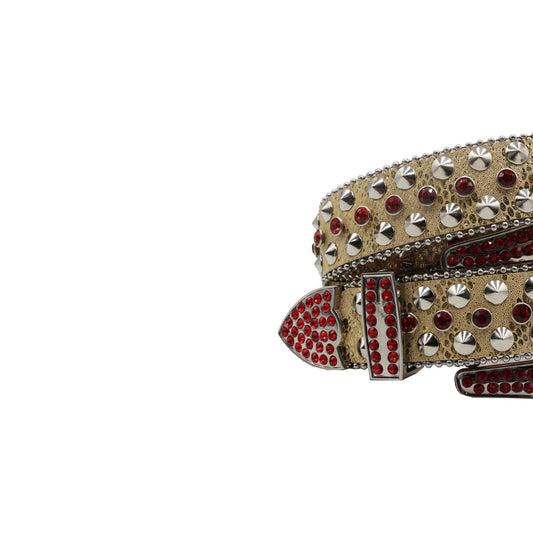 Silver Buckle Coffee Strap With Red Crystals Rhinestone Belt