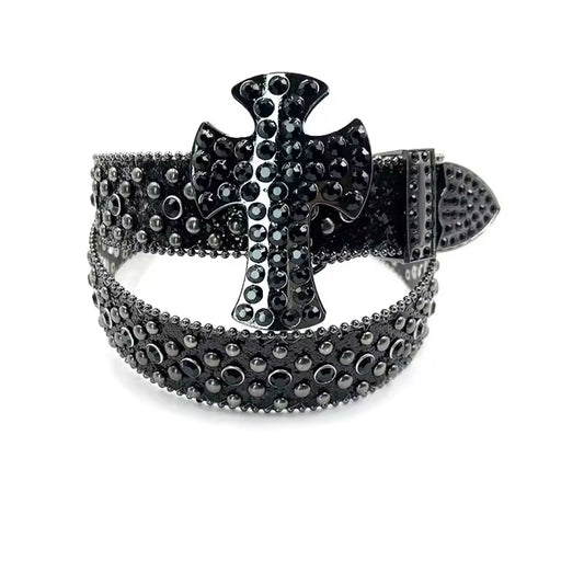 Cross Buckle Black Strap WIth Black Crystal Studded Rhinestone Belt