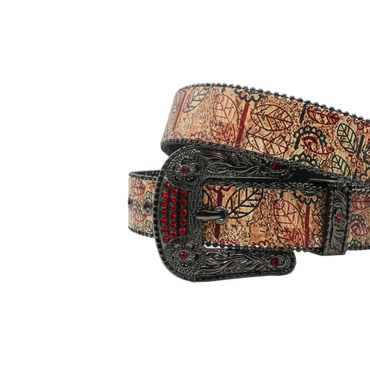 Black Buckle Leave Strap With Red Studded Rhinestone Belt