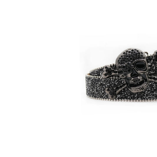 Midnight Black Western Rhinestone Belt with Intricate Skull Buckle