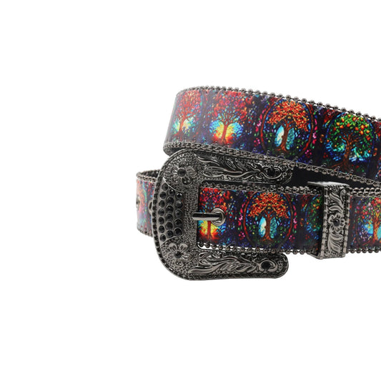 Wide Buckle Colorfull Tress With Black Studded Rhinestone Belt