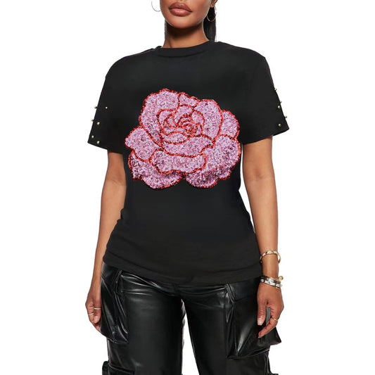 Flower Print Rhinestone Shirt