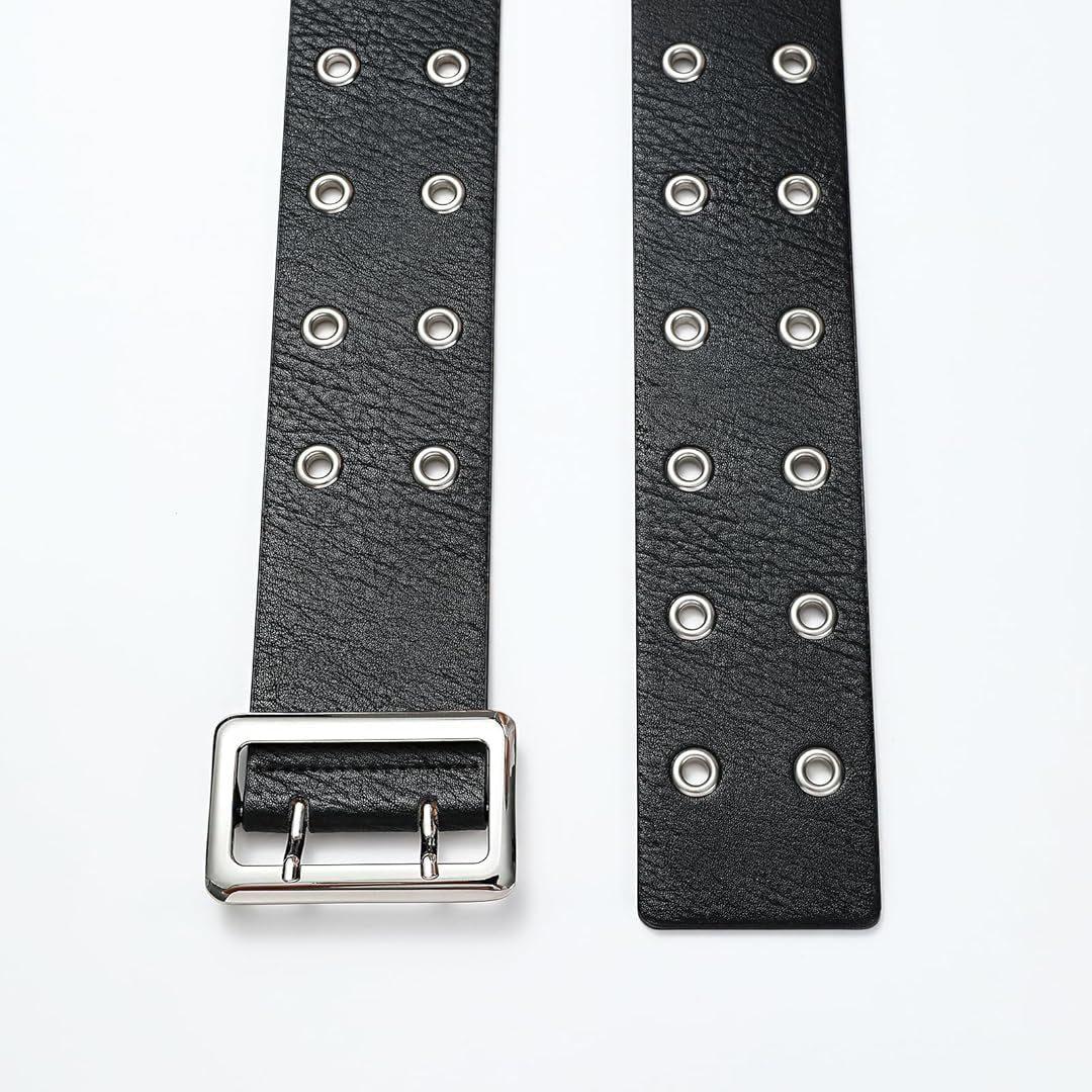 Black Belt Silver Buckle & Metal Ring Accents-Women Leather Belts-Premium Leather Store