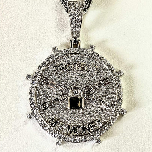 Protect My Money Words Round Pendent Rhinestone Necklace