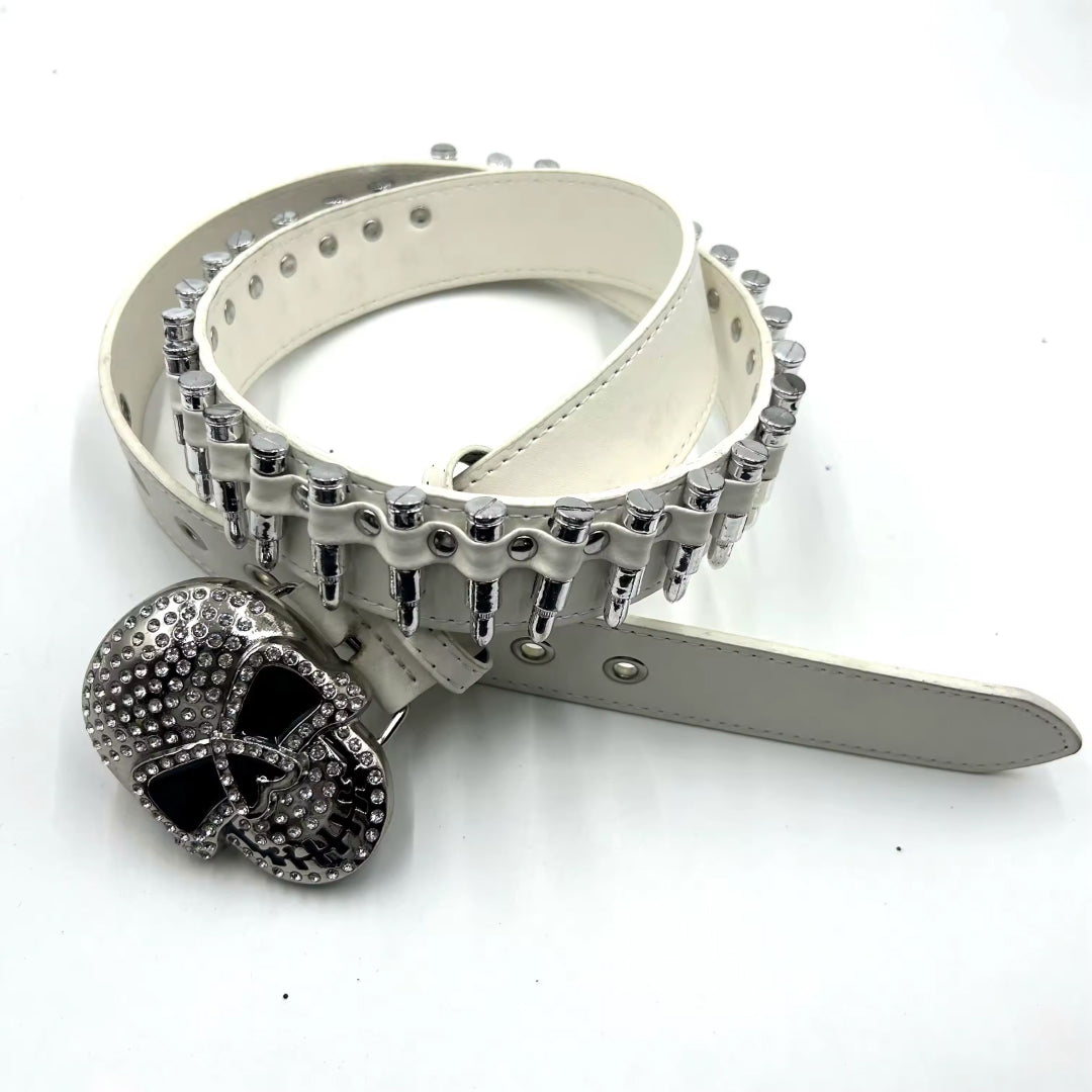 Skull Buckle with White Bullets Strap Rhinestone Belt