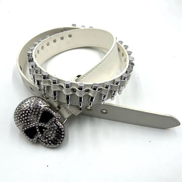 Skull Buckle with White Bullets Strap Rhinestone Belt