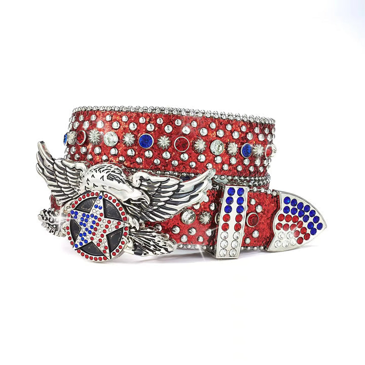 Eagle Buckle Red Strap Crystal Studded Rhinestone Belt