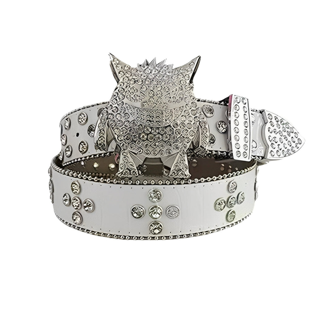 Monster Buckle White Strap Crystal Studded Rhinestone Belt