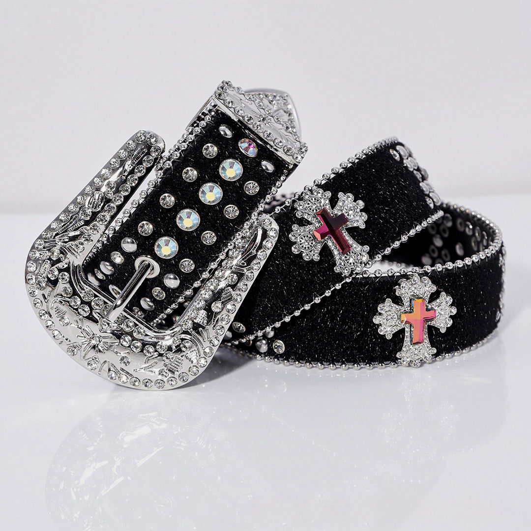 Engraved Buckle Pink Cross Black Strap White Studded Rhinestone Belt
