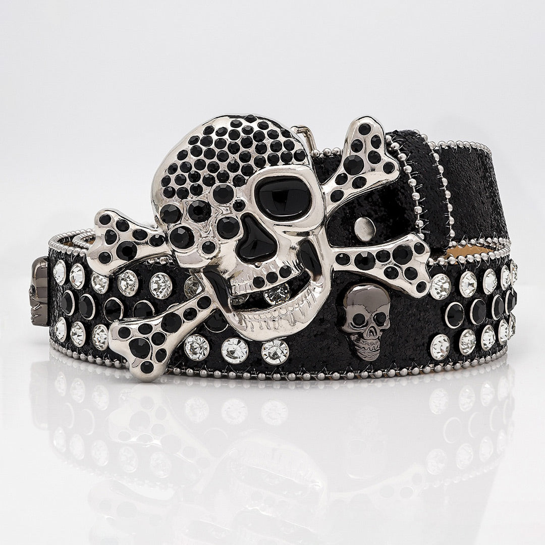 Skull Buckle Black Strap With Black And White Studded Rhinestone Belt