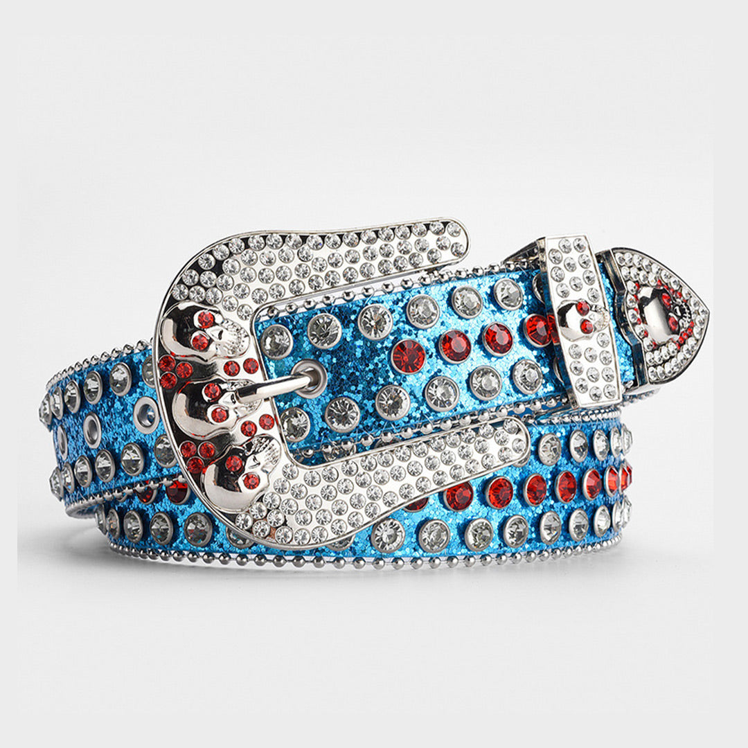 Skull Buckle Blue Shiny Strap With Crystal Studded Rhinestone Belt