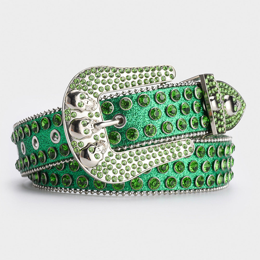 Skull Buckle Green Shiny Strap With Green Crystal Studded Rhinestone Belt