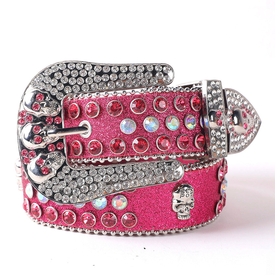 Skull Buckle Pink Shiny Strap With Crystal Studded Rhinestone Belt